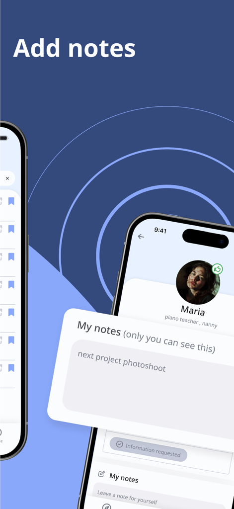 Buzzly: Find Nearby People - Interface showing the private notes feature on a contact profile in the Buzzly app.