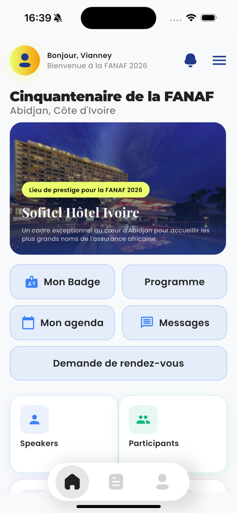 FANAF 2026 Networking app home screen showing the event dashboard and conference details