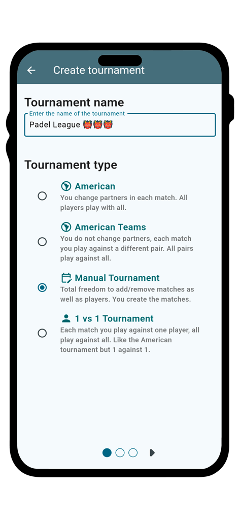 Tennis & Padel Tournaments - Bildschirm zur Erstellung von Turnieren, der Optionen für die Formate 'Amerikanisch Manuell' und 'Eins gegen Eins' für Racketsportarten anzeigt