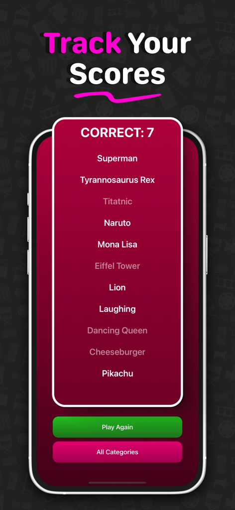 Headbands: Charades Game - A tela de um telefone celular mostrando os resultados do jogo com uma lista de palavras adivinhadas corretamente e uma contagem final de pontuação.