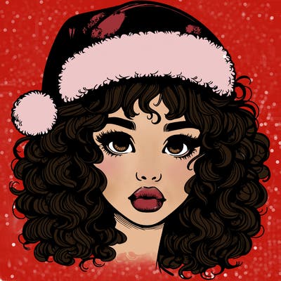 realistic girl with a santa hat curly hair and lips