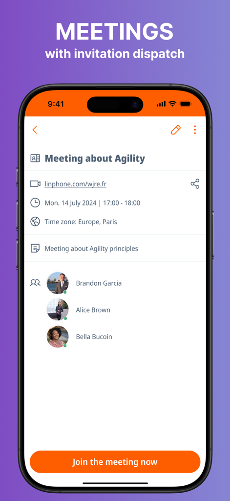 Linphone - Linphone mobile app interface showing meeting details with a list of participants and a join meeting button