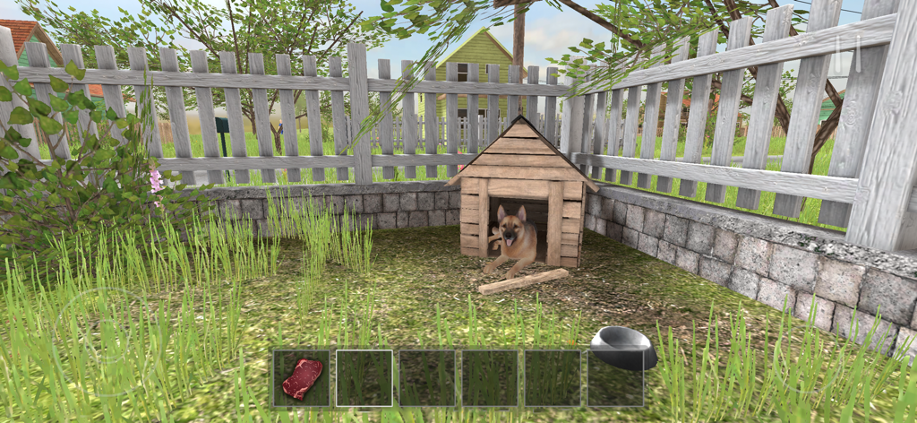 A German Shepherd inside a dog house in a suburban backyard with a piece of meat in the player inventory