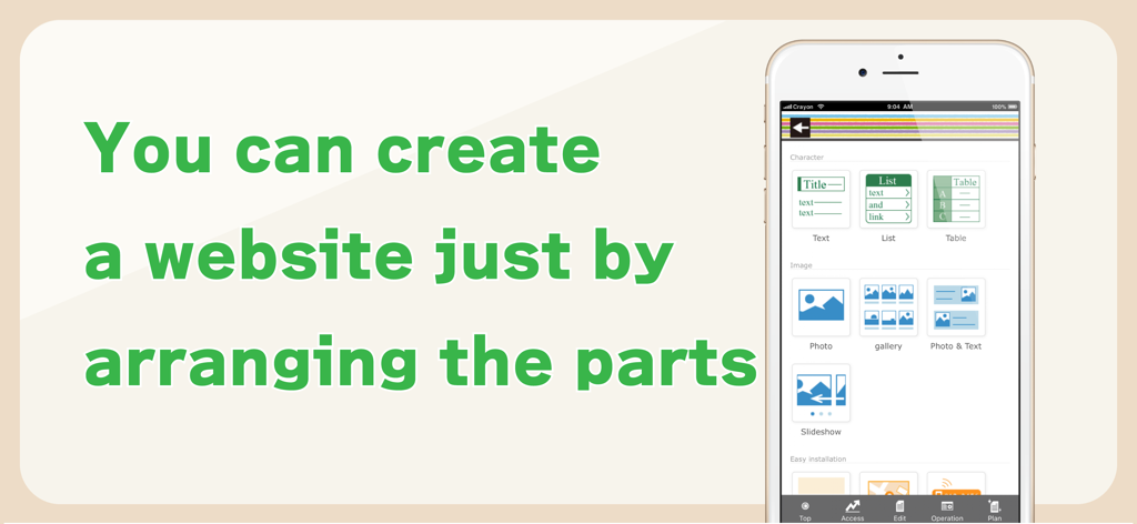 Crayon – Create a website - Tela de smartphone mostrando a interface do aplicativo Crayon para construir sites organizando componentes como texto e fotos