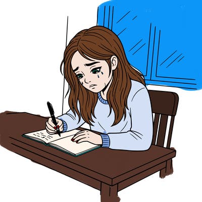 a picture of a girl writing and looking sad