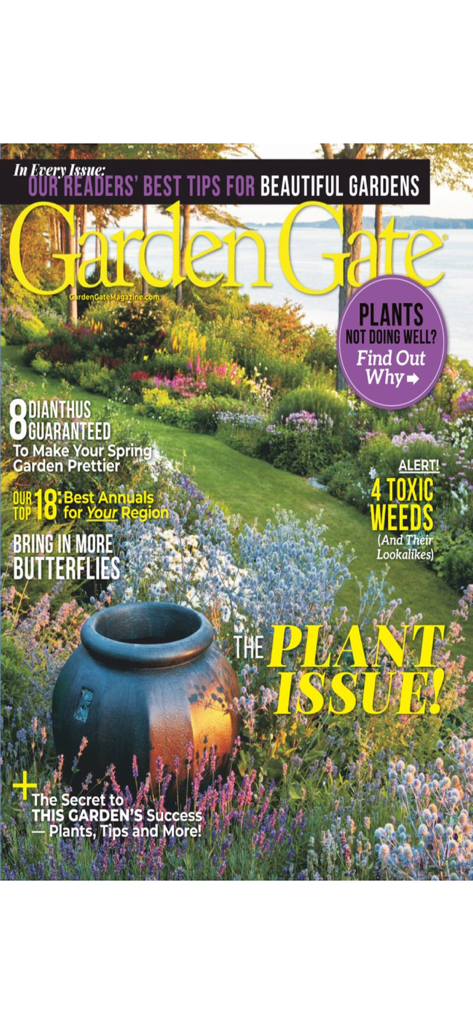 Garden Gate Magazine - Front cover of Garden Gate Magazine showing a lush backyard landscape with colorful flower beds and a stone garden path