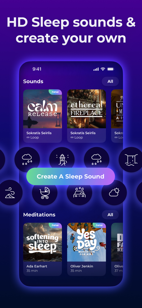 Sleepiest: Sleep Meditations - Sleepiest app interface showing a library of sleep sounds and meditations with a custom sound mixer.