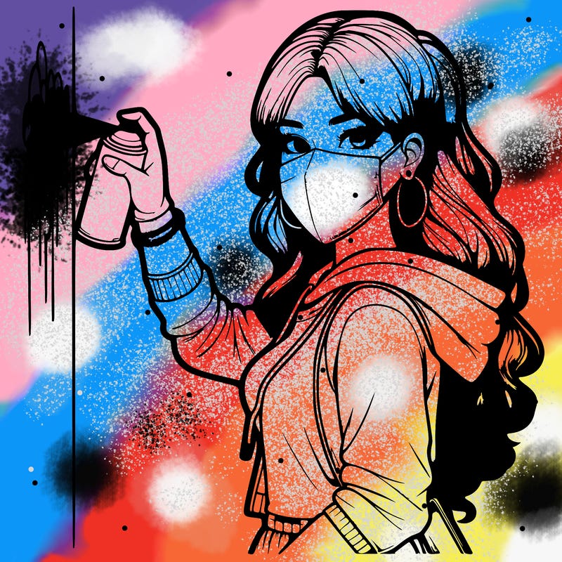 realistic girl with mask spray painting a wall