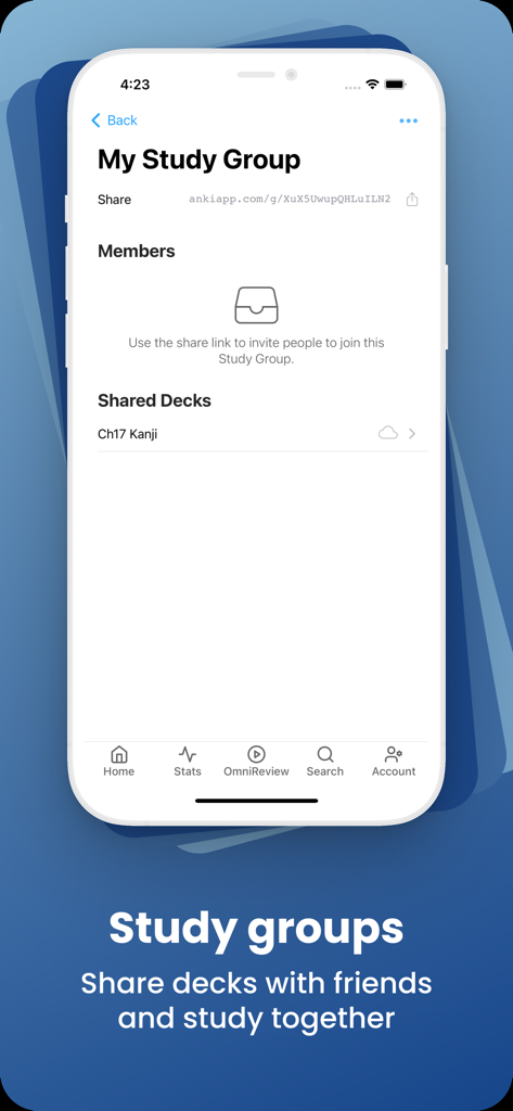 AlgoApp Flashcards - Interface of the AlgoApp Flashcards study group feature showing a shared Kanji deck and invitation link