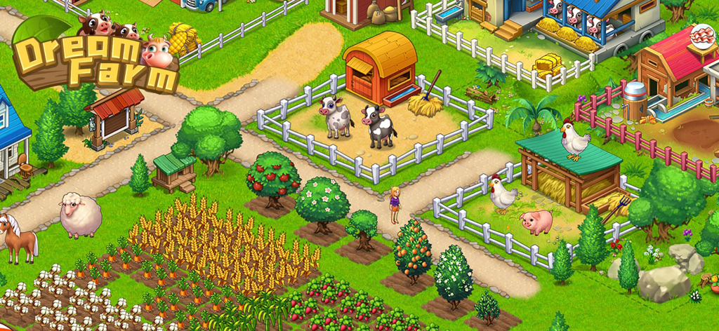 Dream Farm : Harvest Day - Uma visão aérea colorida de uma fazenda virtual com vacas, ovelhas e plantações em Dream Farm Harvest Day