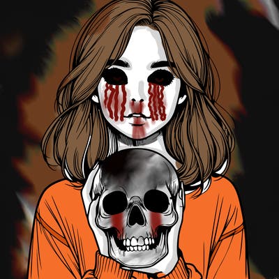 realistic girl holding a skull