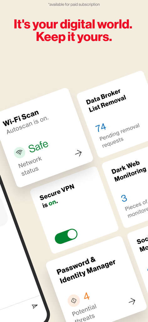 Verizon Protect app dashboard showing security tools like Wi-Fi scan VPN and dark web monitoring