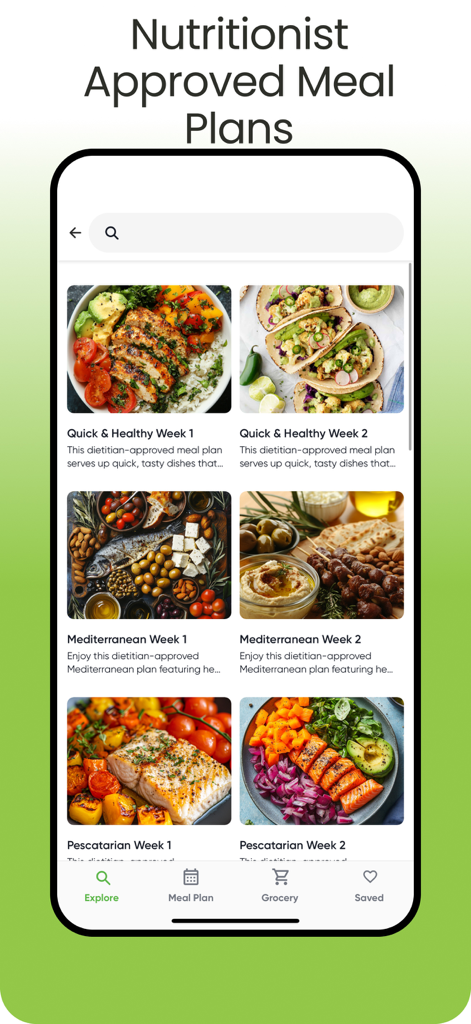 a better meal - Meal Planner - Interface do aplicativo A Better Meal exibindo vários planos de refeição semanais aprovados por nutricionistas, incluindo opções Mediterrâneas e Pescatarianas