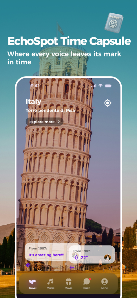 VibeHouse app interface showing the EchoSpot Time Capsule feature at the Leaning Tower of Pisa with messages from the past