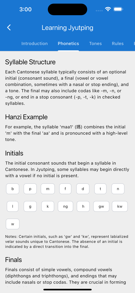 Learn Cantonese: CantoWise - A screen from the CantoWise app titled Learning Jyutping showing the phonetics section with Cantonese initials and syllable structure explanation.