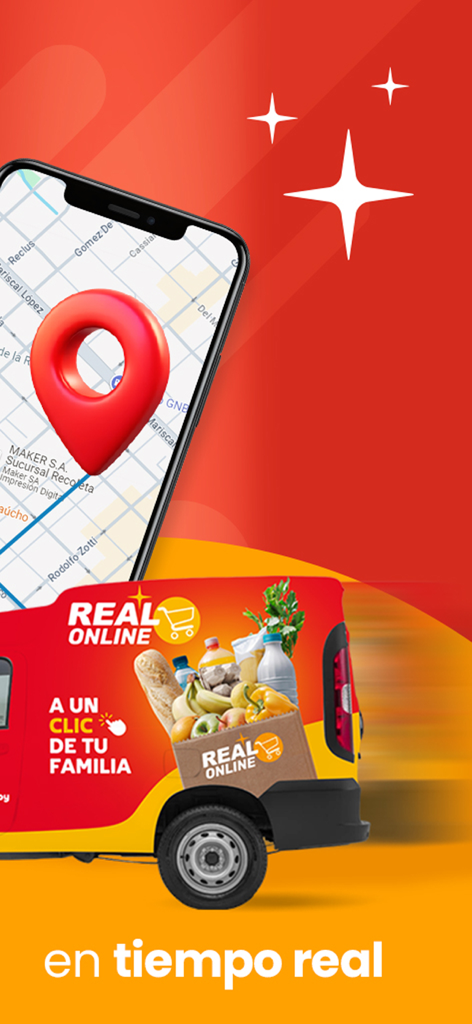 Real online - Interface de l'application de suivi de livraison d'épicerie Real Online pour le suivi en temps réel, montrant une carte de smartphone et une camionnette de livraison.