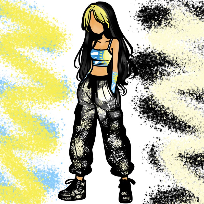 girl in baggy pants crop top and long hair