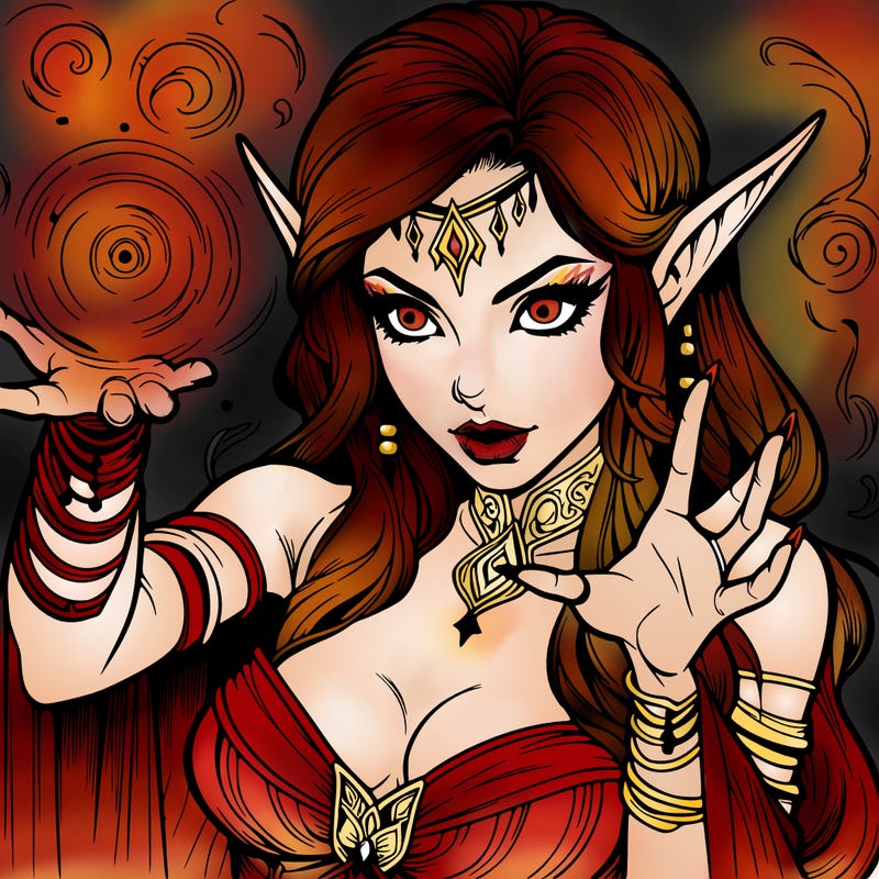 realistic scary beautiful elf sorceress casting spell