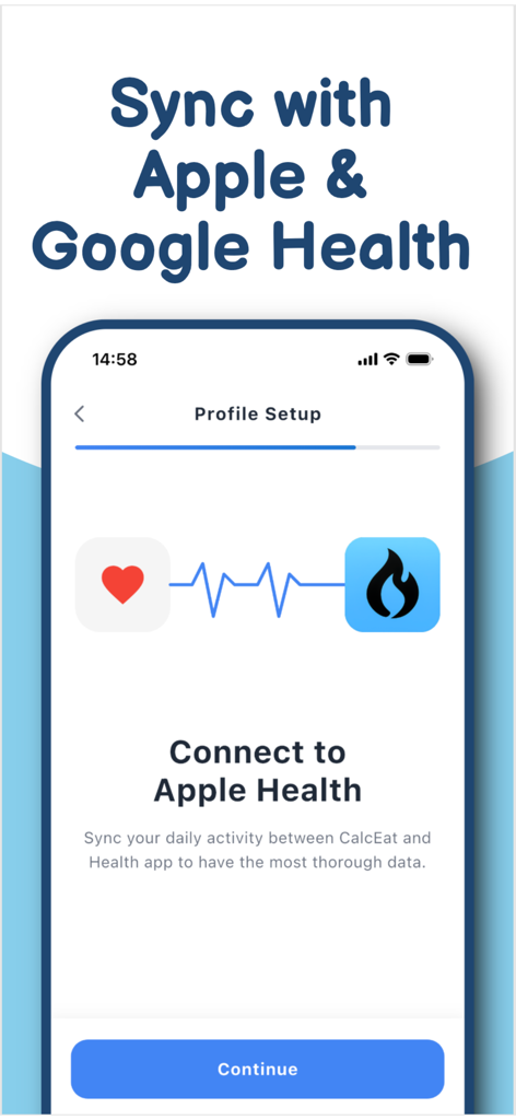 CalcEat - AI Calorie Tracker - Pantalla de la aplicación CalcEat que muestra opciones para sincronizar datos de actividad con Apple Health y Google Health