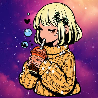 manga girl drinking boba in cozy sweater