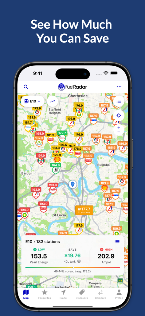 FuelRadar: Petrol Prices Map - FuelRadar app interface showing a map of Australian petrol stations with color-coded prices and a savings calculation dashboard.