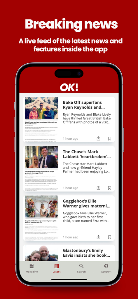 Ein Handybildschirm mit dem neuesten Newsfeed des OK!-Magazins mit Artikeln und Fotos über Prominente.