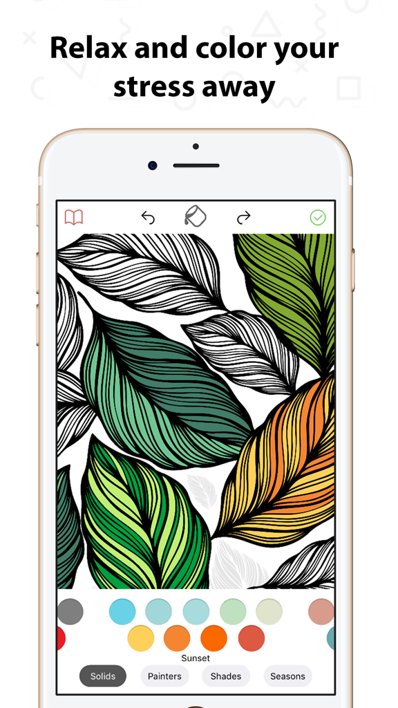 Coloring Book - Color Me - Coloring Book Color Me app showing a leaf illustration with a sunset color palette for relaxation