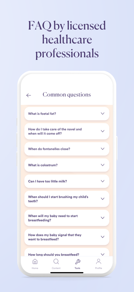 Baby Journey - Pregnant & Baby - App Baby Journey che mostra le domande più frequenti poste da professionisti sanitari autorizzati per i nuovi genitori.