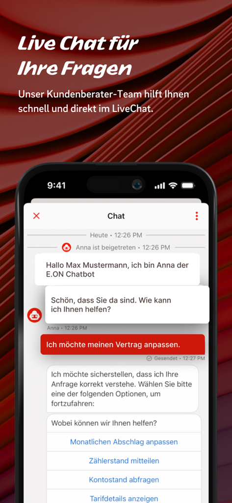Mein E.ON - Interfaz de chat en vivo en la aplicación Mein E.ON con el chatbot Anna para atención al cliente.