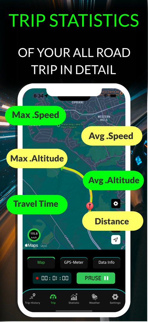 GPS Speedometer & MPH Odometer - Uma tela de smartphone mostrando estatísticas de viagem como velocidade máxima e altitude em um mapa GPS