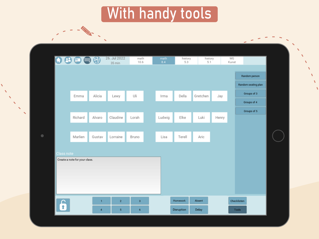 Teachers EasyNote - A digital classroom seating plan on an iPad featuring student name cards and classroom management tools.
