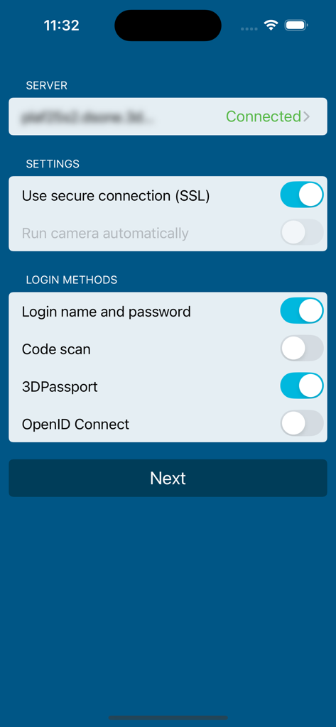 Konfigurationsbildschirm der DELMIA Apriso mobilen App, der den Serververbindungsstatus und die Einstellungen für die Anmeldemethode anzeigt