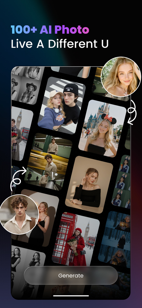 A collection of diverse AI-generated portraits and lifestyle photos within the Pearla app interface.