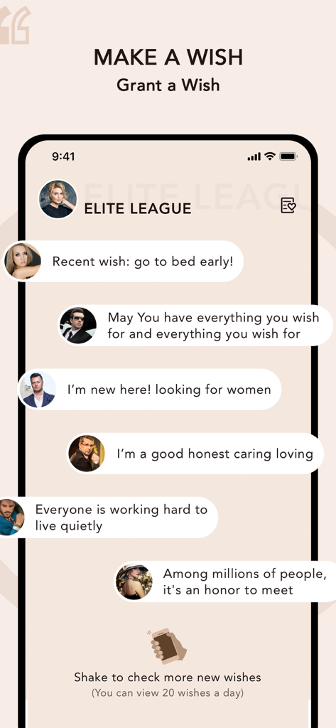 Elite League dating app Make a Wish feature showing user messages and profiles