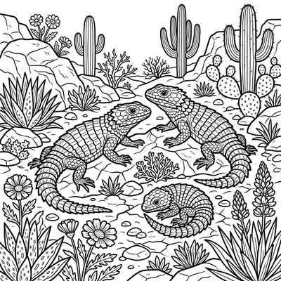 Dive into an engaging desert adventure with our Armadillo Lizards coloring page, thoughtfully crafted for seniors. This design features clear, bold lines and a stimulating arid landscape, perfect for relaxation and cognitive engagement.