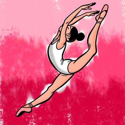 gymnast doing a leap in a leotard with a bent back leg
