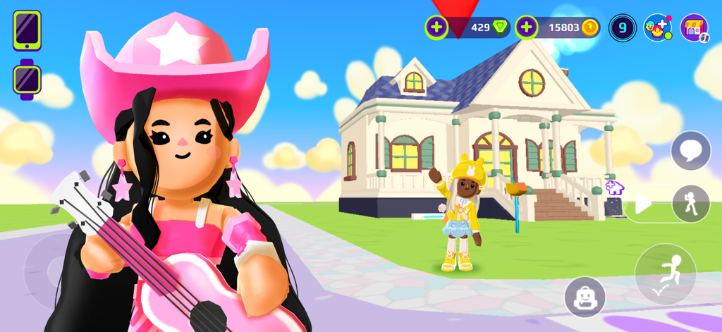 PK XD: Fun, friends & games - Un avatar con un cappello da cowboy rosa che suona la chitarra davanti a una casa bianca in PK XD.