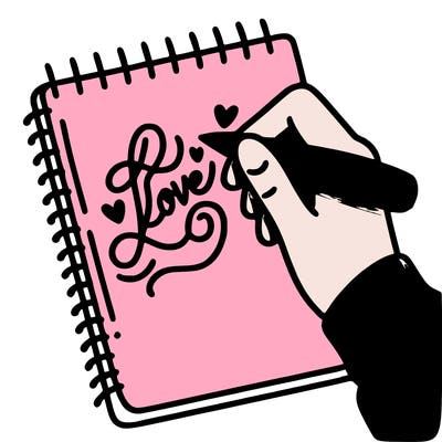 a hand writing “love” in calligraphy on a notebook