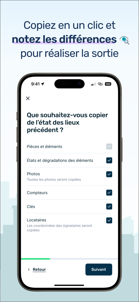 nockee - États des lieux - A smartphone showing the nockee app interface for copying inspection details between move-in and move-out reports