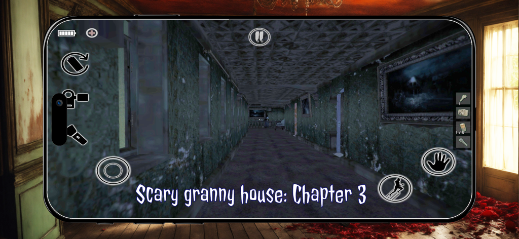 Old Granny: Escape Room - A long dark hallway inside a haunted mansion in the Old Granny Escape Room game