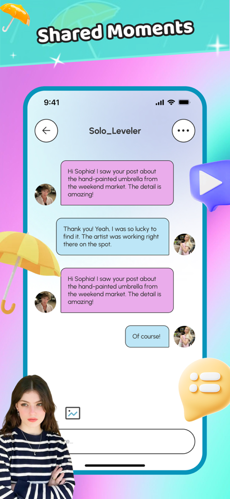 Una pantalla de aplicación móvil que muestra una conversación de chat sobre paraguas personalizados bajo el encabezado Momentos Compartidos.