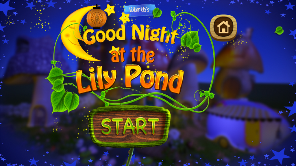 Main menu of the Good Night at the Lily Pond bedtime story app featuring a crescent moon and mushroom houses