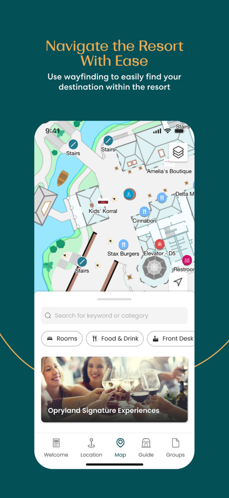 Gaylord Hotels resort app interface showing interactive indoor wayfinding map and dining options