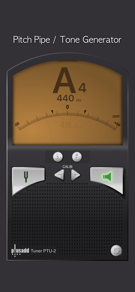 Tuner Lite by Piascore pitch pipe and tone generator screen with a needle meter display