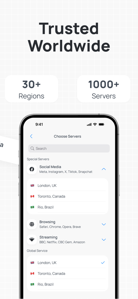 SecureNet VPN app interface showing worldwide server locations and global regions
