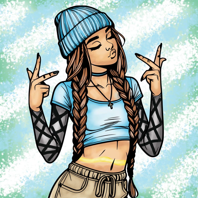 realistic teenage girl with braids and a beanie and crop top doing 🫶🏼