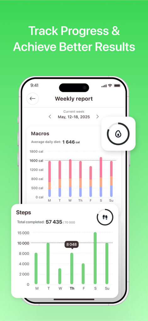 SnapDiet: AI Calorie tracker - SnapDiet 앱 스크린샷은 칼로리, 다량 영양소 및 걸음 수에 대한 주간 차트를 보여줍니다.
