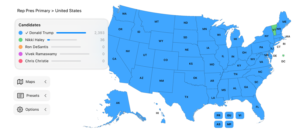 Interactive map of the United States showing Republican Presidential Primary results in the US Election Simulator.