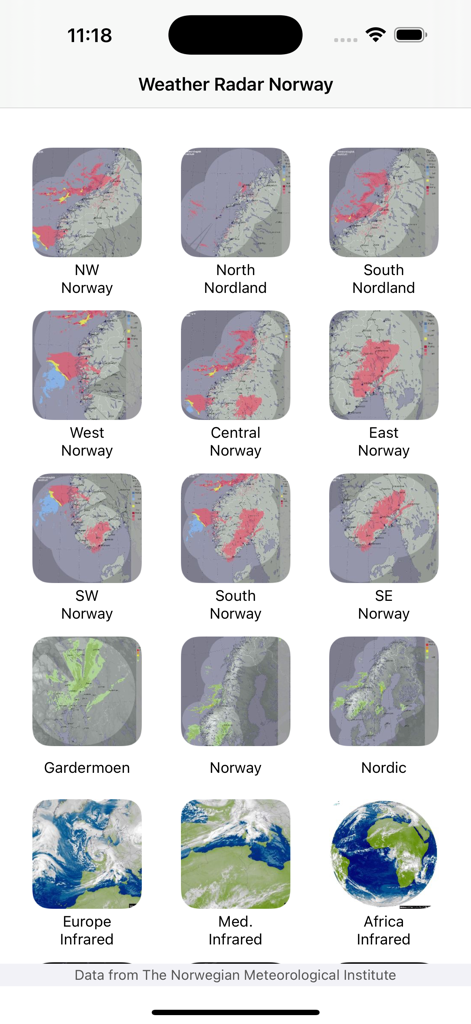 Selection screen for regional weather radar maps and satellite imagery across Norway
