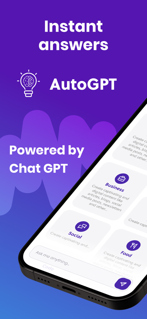 AutoGPTモバイルアプリインターフェース、ChatGPTによる即時回答を表示（ビジネスおよびソーシャルカテゴリ付き）